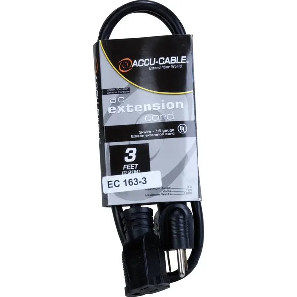 American DJ Accu-Cable 3-Wire Edison AC Extension Cord (16 AWG, Black, 3′)