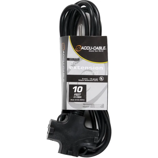 American DJ Accu-Cable AC Extension Cord with Three Outlets (16 AWG, Black, 10′)