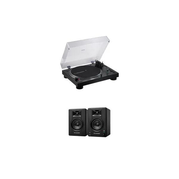 Audio-Technica AT-LP120XBT-USB Tocadiscos estéreo con USB y Bluetooth, y kit de dos altavoces Bluetooth (negro)