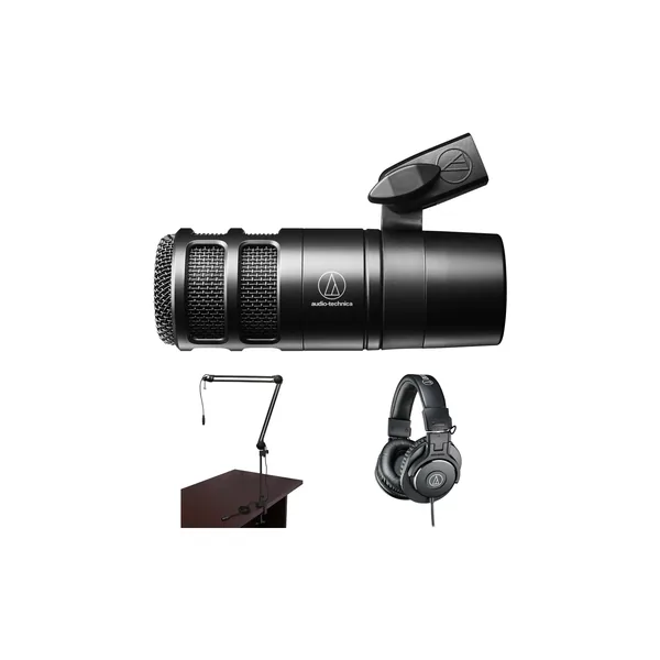 Audio-Technica AT2040 Kit de micrófono para podcast con brazo para transmisión y auriculares