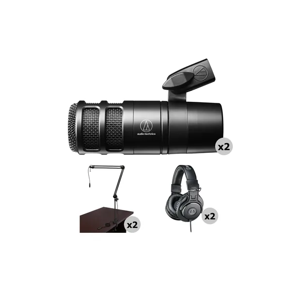 Audio-Technica AT2040 Kit de micrófono para podcast para dos personas con brazo para transmisión y auriculares