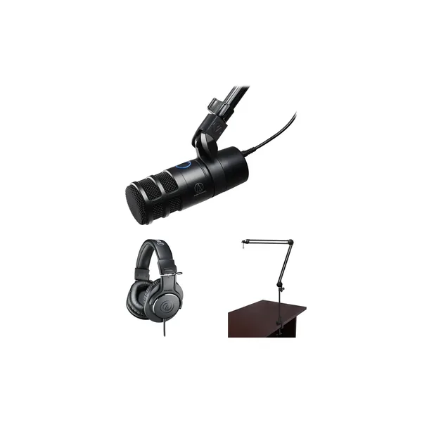 Audio-Technica AT2040USB Kit de micrófono USB dinámico para podcast con auriculares y brazo de transmisión