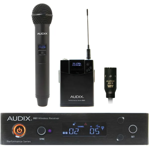 Audix AP61 OM2 L10 Receptor de diversidad verdadera de un solo canal con transmisor de petaca B60, micrófono Lavalier ADX10 y transmisor de micrófono de mano H60 OM2 (522 a 586 MHz)