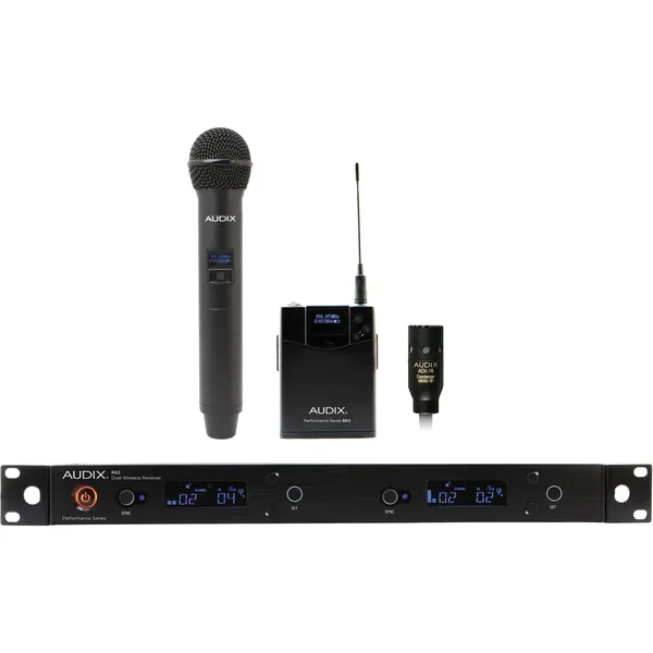 Audix AP62 C210 R62 Receptor True Diversity de doble canal con petaca B60, micrófono Lavalier ADX10 y transmisor de micrófono de mano H60 OM2 (522 a 586 MHz)