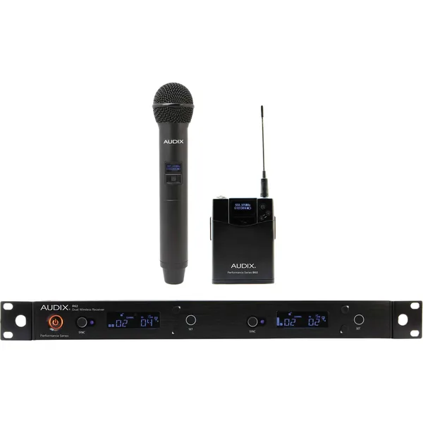 Audix AP62 C2BP R62 Receptor True Diversity de doble canal con Bodypack B60 y transmisor de micrófono de mano H60 OM2 (522 a 586 MHz)