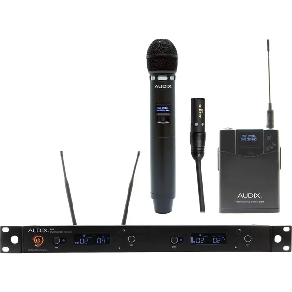 Audix AP62 C55 R62 Receptor True Diversity de doble canal con petaca B60, micrófono Lavalier L5 y transmisor de micrófono de mano H60 VX5 (522 a 586 MHz)