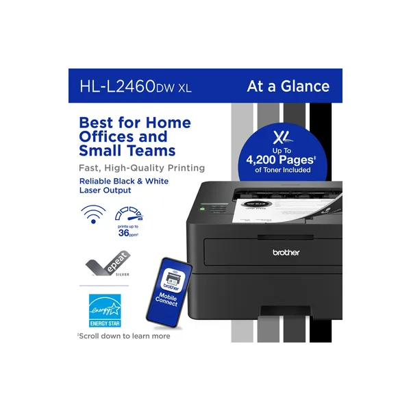 Impresora láser monocromática compacta Brother HL-L2460DW XL (kit de 2 tóner, 4200 páginas)