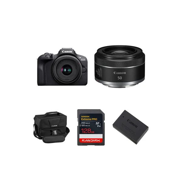 Canon EOS R100 Mirrorless Camera with 18-45mm & 50mm f/1.8 Lenses and Essentials+ Kit