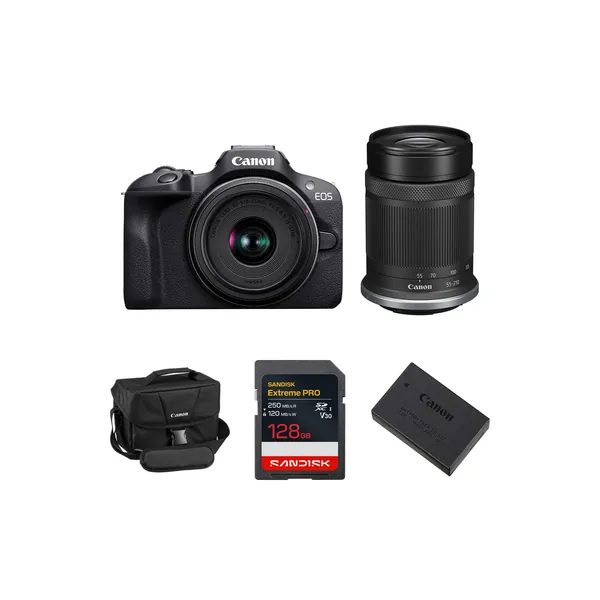 Canon EOS R100 Mirrorless Camera with 18-45mm & 55-210mm Lenses & Essentials+ Kit