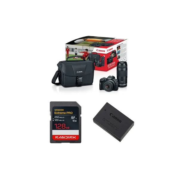 Canon EOS R100 Mirrorless Camera with 18-45mm and 75-300mm Lenses and Essentials+ Kit
