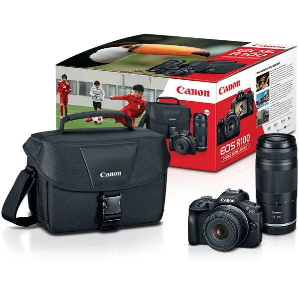 Canon EOS R100 Mirrorless Camera with 18-45mm and 75-300mm Lenses and Essentials+ Kit