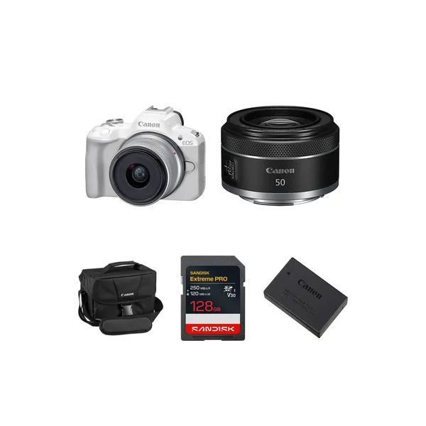 Canon EOS R50 Mirrorless Camera with 18-45mm & 50mm f/1.8 Lenses and Essentials+ Kit (White)