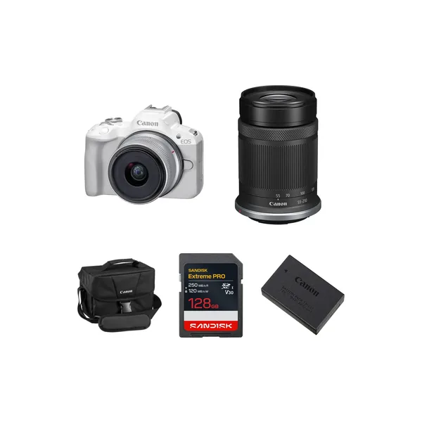 Canon EOS R50 Mirrorless Camera with 18-45mm & 55-210mm Lenses and Essentials+ Kit (White)