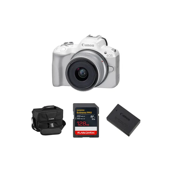 Canon EOS R50 Mirrorless Camera with 18-45mm Lens and Essentials+ Kit (White)