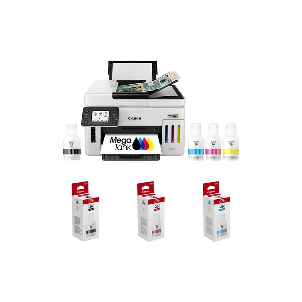 Canon MAXIFY GX6120 Wireless MegaTank All-in-One Color Printer and Three GI-26 Ink Bottles Kit
