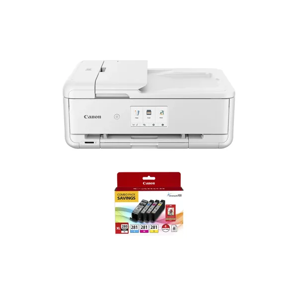 Canon Pixma TS9521Ca Wireless All-in-One Inkjet Printer (White) with PGI-280 XL / CLI-281 4-Color Ink Tank Combo Pack and 4 x 6″ Photo Paper Kit