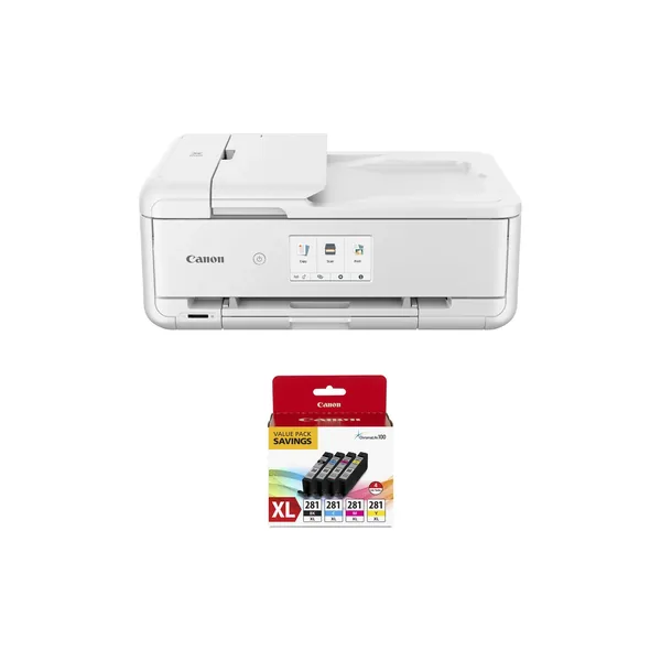 Canon Pixma TS9521Ca Wireless All-in-One Inkjet Printer with CLI-281 XL 4-Color Ink Tank Kit (White)