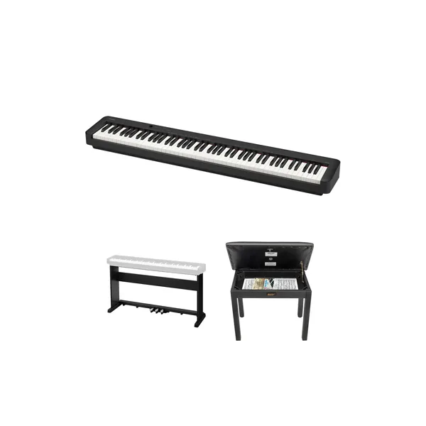 Casio CDP-S160 Kit de piano digital portátil de cuerpo delgado de 88 teclas con soporte de madera de 3 pedales y banco (negro)