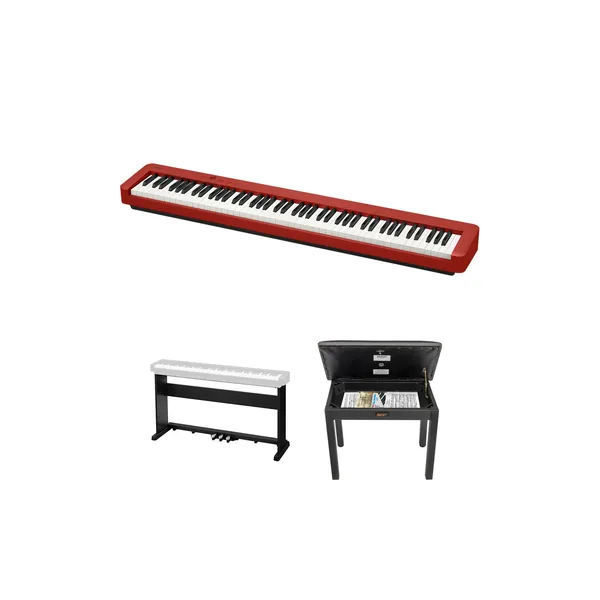 Casio CDP-S160 Kit de piano digital portátil de cuerpo delgado de 88 teclas con soporte de madera de 3 pedales y banco (rojo)
