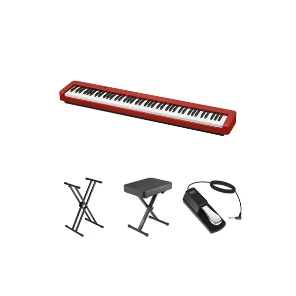 Casio CDP-S160 Kit de piano digital portátil de cuerpo delgado de 88 teclas con soporte, banco y pedal (rojo)