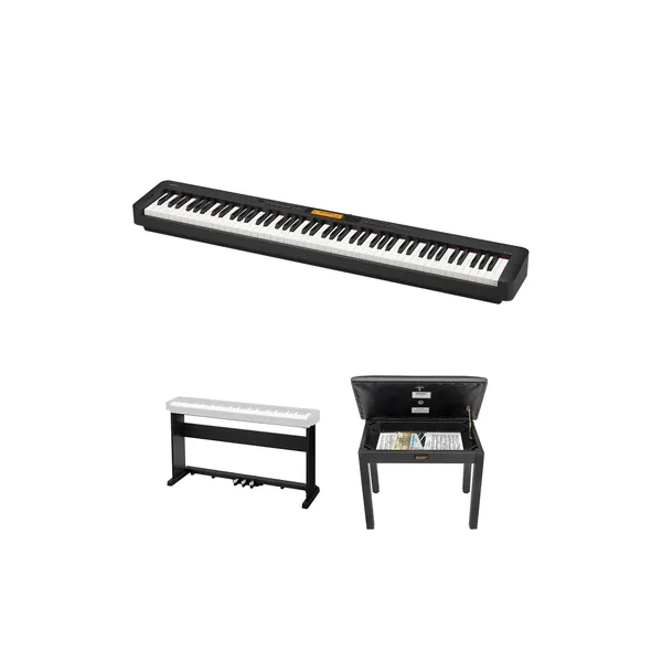 Casio CDP-S360 Kit de piano digital portátil de cuerpo delgado de 88 teclas con soporte de madera de 3 pedales y banco (negro)