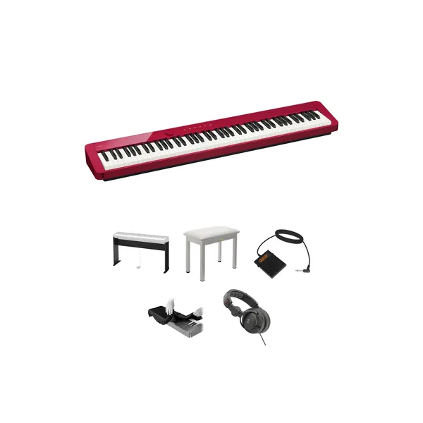 Casio Privia PX-S1100 Piano digital de 88 teclas con soporte, banco, auriculares y pedal (rojo)