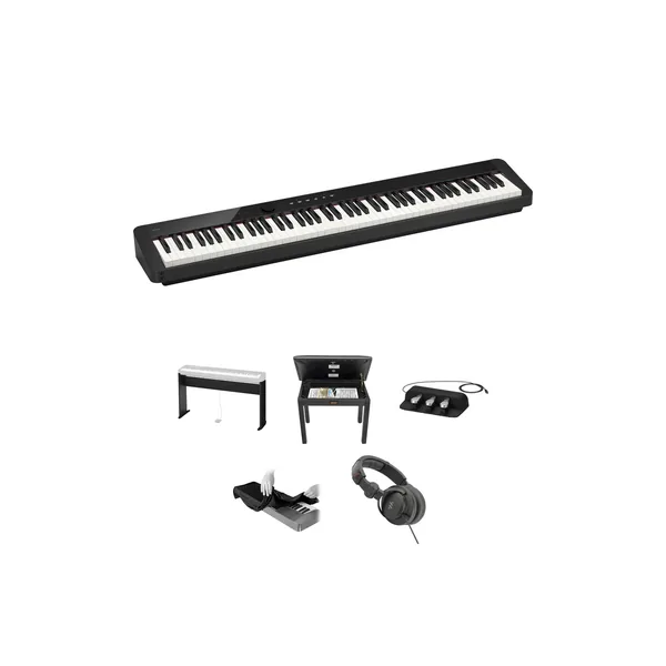 Casio Privia PX-S1100 Piano digital de 88 teclas con soporte, banco, auriculares, pedal triple (negro)