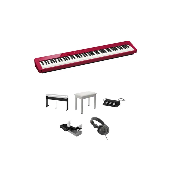 Casio Privia PX-S1100 Piano digital de 88 teclas con soporte, banco, auriculares, triple pedal (rojo)