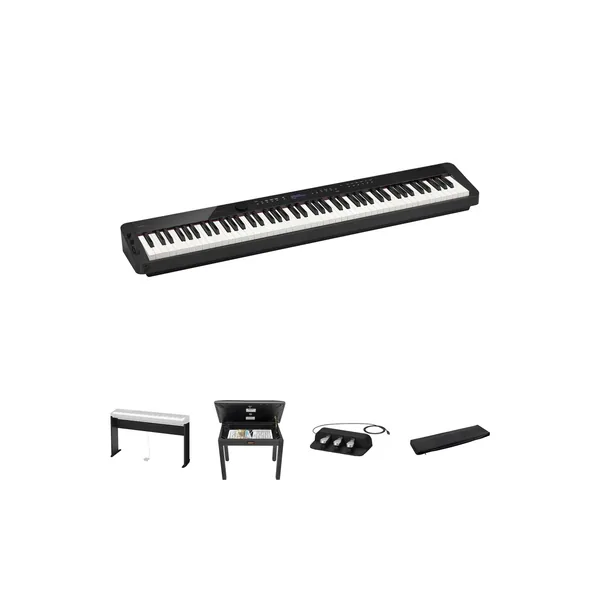 Casio Privia PX-S3100 Kit económico de piano digital portátil de cuerpo delgado de 88 teclas con soporte de madera, banco y pedal triple (negro)