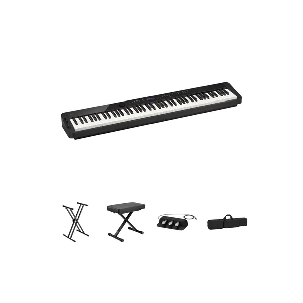 Casio Privia PX-S3100 Kit económico de piano digital portátil de cuerpo delgado de 88 teclas con soporte X, banco X, pedal triple y estuche (negro)