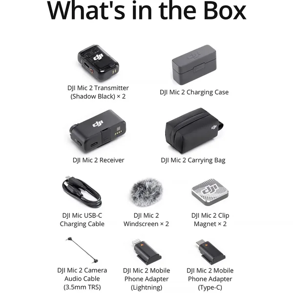 DJI Mic 2 Sistema/grabador de micrófono inalámbrico digital compacto para 2 personas para cámara y teléfono inteligente (2,4 GHz)