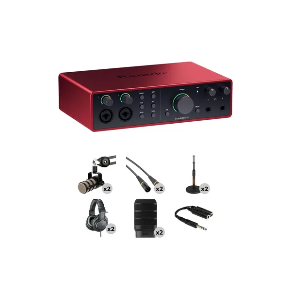 Interfaz de audio/MIDI Focusrite Scarlett 16i16 USB-C con kit de podcasting para dos personas (4.ª generación)