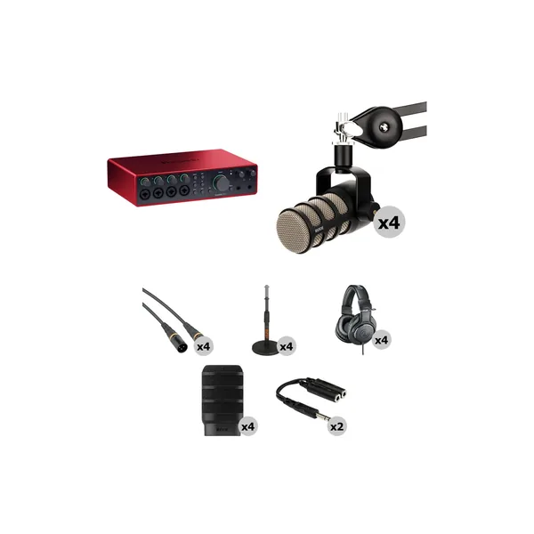 Interfaz de audio/MIDI Focusrite Scarlett 18i16 USB-C con kit de podcasting para cuatro personas (4.ª generación)
