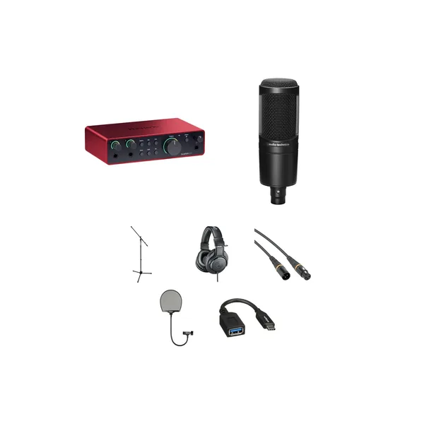 Kit de interfaz de audio Focusrite Scarlett 2i2 USB-C (4.ª generación) con micrófono Audio-Technica AT2020