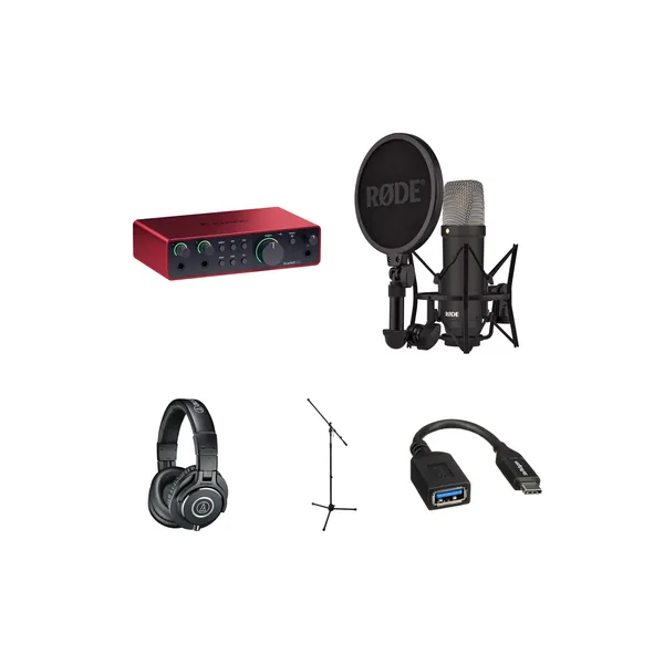 Kit de interfaz de audio Focusrite Scarlett 2i2 USB-C (4.ª generación) con micrófono Rode NT1 Signature Series y accesorios