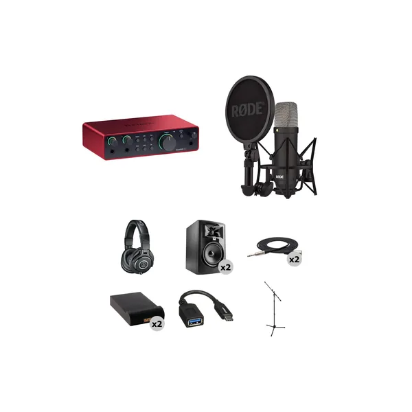 Kit de interfaz de audio Focusrite Scarlett 2i2 USB-C (4.ª generación) con micrófono Rode NT1 Signature Series y monitores JBL