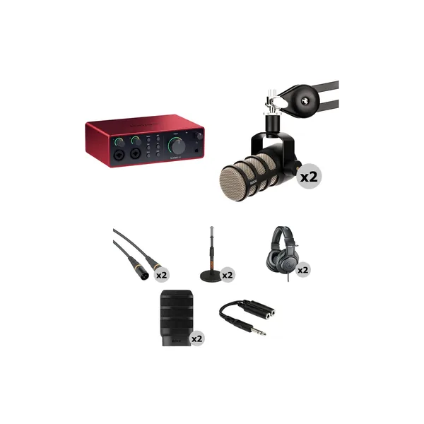 Interfaz de audio/MIDI Focusrite Scarlett 4i4 USB-C con kit de podcasting para dos personas (4.ª generación)