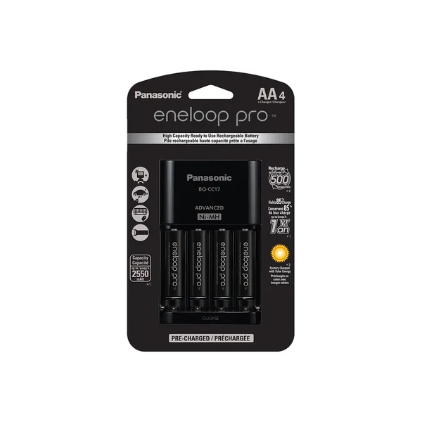 Panasonic eneloop Pro Pilas AA Ni-MH recargables con cargador (2550 mAh, paquete de 4)